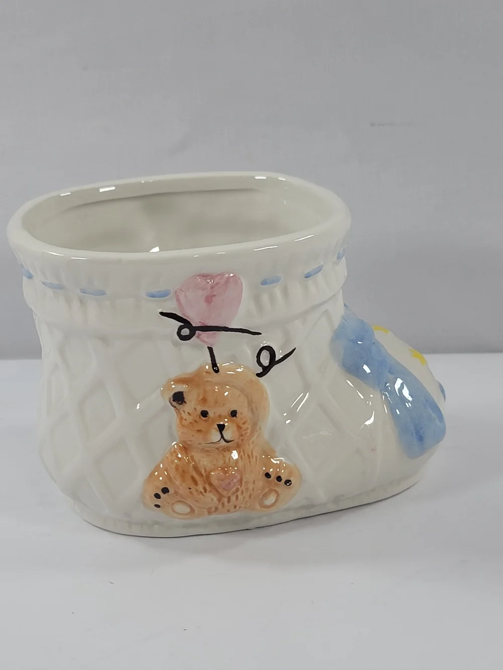 Vintage Burton Ceramic Baby Boot Planter Bear - White Nursery Decor